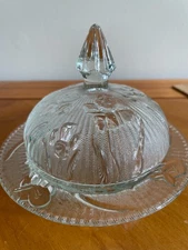 Vintage Depression Glass Jeanette Iris & Herringbone Glass Butter Dish & Lid