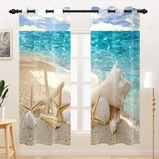 Summer Beach Curtains Ocean Coastal Sand Beach Seashell Starfish Print Window...