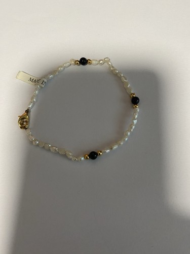 Vintage Reisperlen mit schwarzen Steinen Perlen Armband, goldfarben - Bild 5 von 6