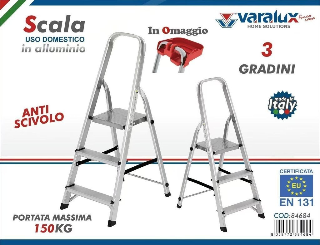 x Scala Alluminio 3 Gradini Varalux Portata 150kg Pieghevole Made in Italy