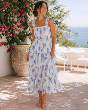 GANNI Pleated Georgette Flounce Smocked Midi Dress size 36 US 4 Blue/White