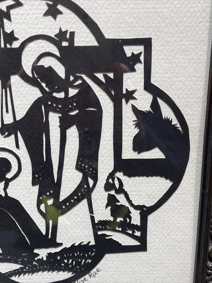 复古 Nativity Scherenschnitte 德国剪纸青铜装饰框架 签名 — 第 3/4 张图片