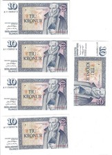 Iceland, P. 48, L 1961 (1981), 10 Kronur,Set of 5 notes Consec Ser. #'s, ALL UNC