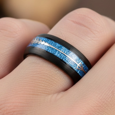 8mm Tungsten Ring   Black Band with Blue Meteorite and Silver Arrow Inlay