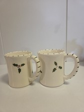 Holiday Ceramic Mugs with Holly Leaves and Berries made in USA Pair