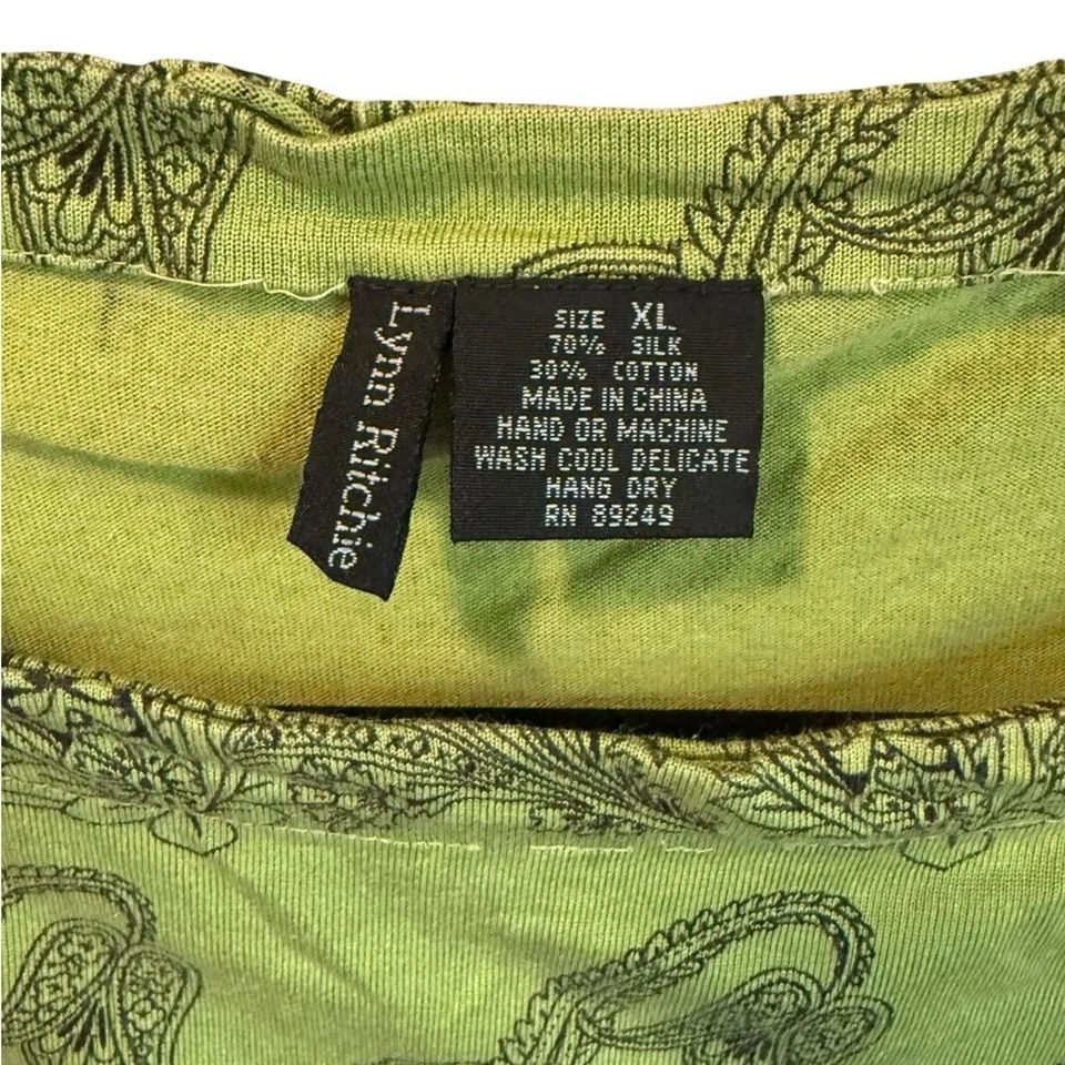 Lynn Ritchie Green Paisley Silk Blend Top 3/4 Sleeve XL - Image 2 of 3
