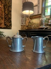 Vintage Stieff Pewter Colonial Sugar Bowl W/lid and Creamer Wood Handles