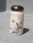 Antique Milk Glass Salt Shaker - White Flower on Bink Background