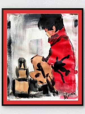 Original 11x14 Expressionist Hand Painted Signed Acrylic Paper Art Boy Play Rain