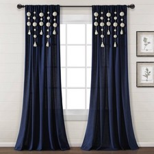 Lush Decor Boho Pom Pom Tassel Linen Window Curtain Panel 84  L x 52  W Blue