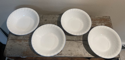 4 Corning Corelle Pink Trio White Swirl, Blue Rim  7 1/4'' Soup Cereal Bowls
