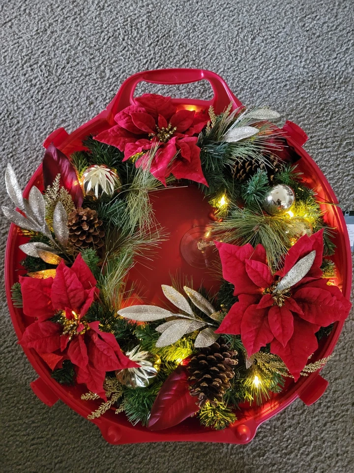 24" PreLit Christmas Wreath with Poinsettias, Pinecones, Ornaments  Storage Box. - Image 4 of 4