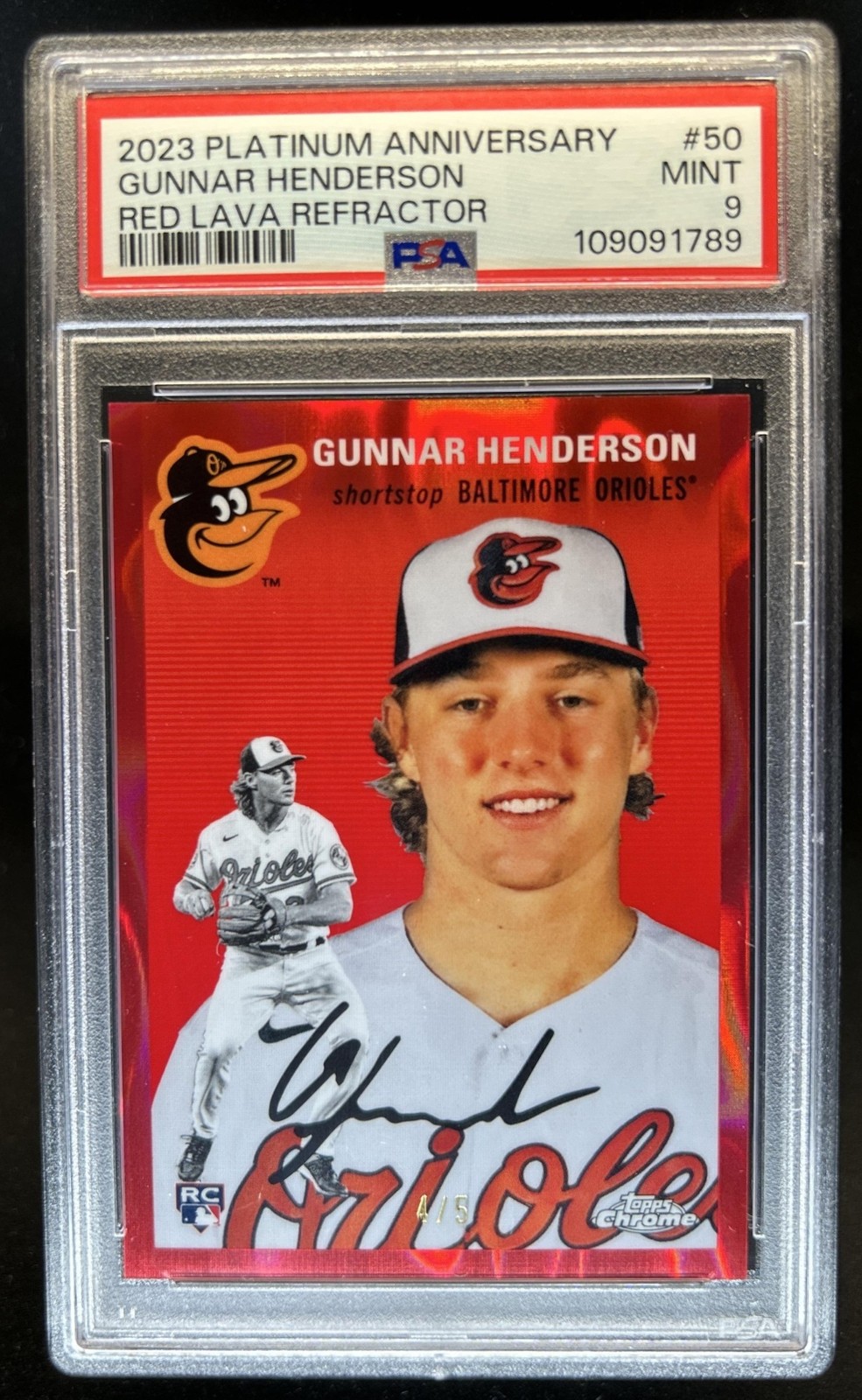 2023 Topps Chrome Platinum Gunnar Henderson RC Red Lava Refractor #/5 PSA 9 view 1