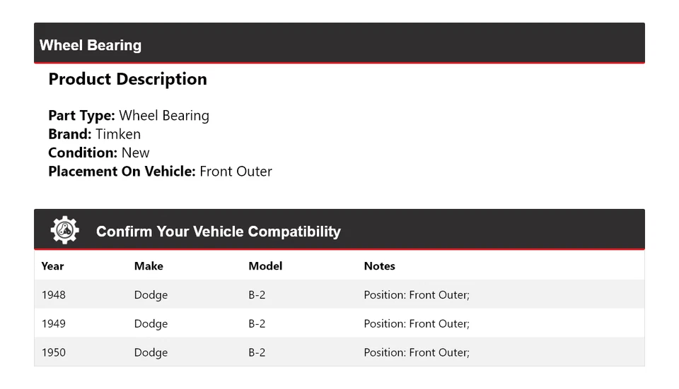 For 1948-1950 Dodge B-2 Wheel Bearing Front Outer Timken 1949 - Image 2 of 4