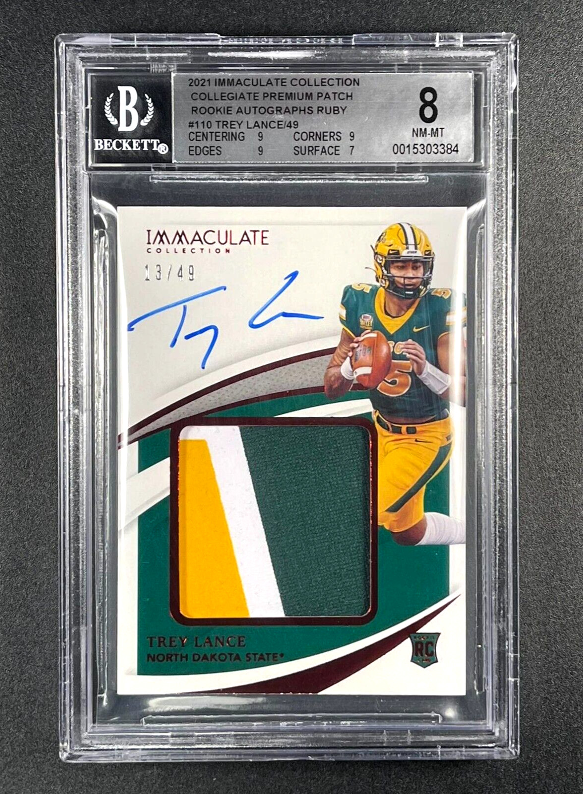 Trey Lance Panini Immaculate Collection Collegiate Premium Patches Rookie Autographs #PPATL Ruby