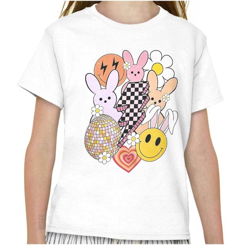 Easter Bunny Daisy Flower Heart Happy Disco Girls Youth Crewneck T Shirts Tees - Picture 7 of 7