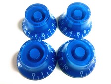 A Set of 4 Top Hat Bell Style Guitar Speed Knobs with Amber Blue
