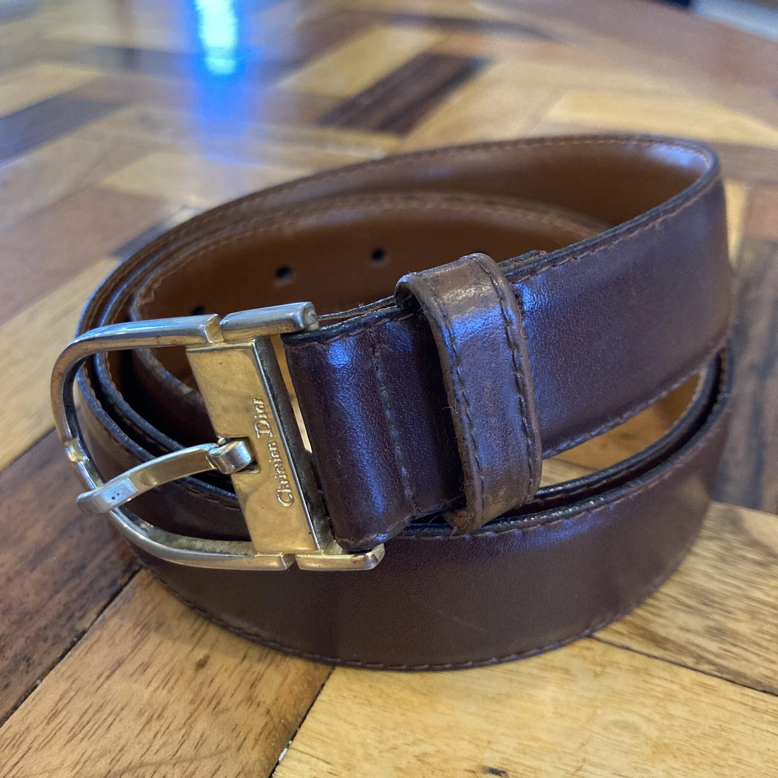 Ceinture homme luxe Christian Dior marron uni cuir fendu taille US 38 EU 95