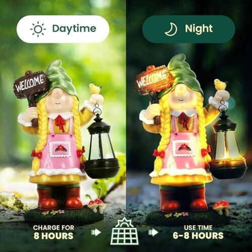Solar Outdoor Garden Gnome Statue Large Flocked Resin - NIB!!! - Picture 7 of 8