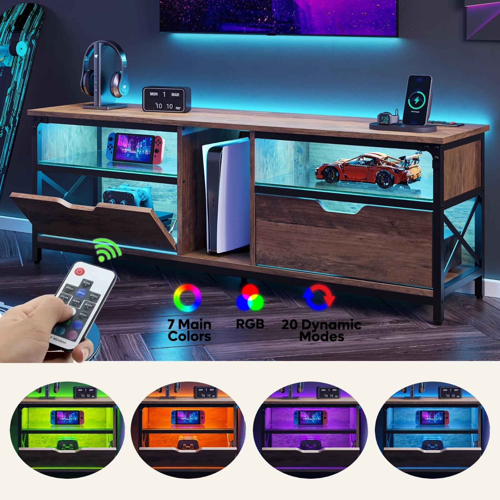 Wood TV stand w/ LED & Charging Ports