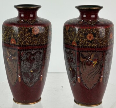 Nice Pair Antique Japanese Cloisonne Cabinet Vases Vase Dragon /  Phoenix ?