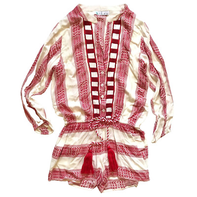 Bindu Mercedes Romper Jumpsuit Womens Medium Red Cream 3/4 Sleeve Tassel Shorts