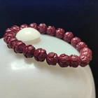 9-10mm Natural Chinese Red Cinnabar Carved Lotus Beads Elastic Bracelet 7.5"