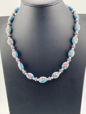 925 STERLINGSILBER HANDBEMALT PORZELLAN PERLENKETTE 16 ZOLL BLAU ROSA FLORAL 3093