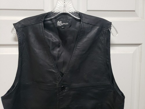 Vtg Men Black Leather Vest Size L Pockets Western Golden Leaf Cowboy - Picture 5 of 9