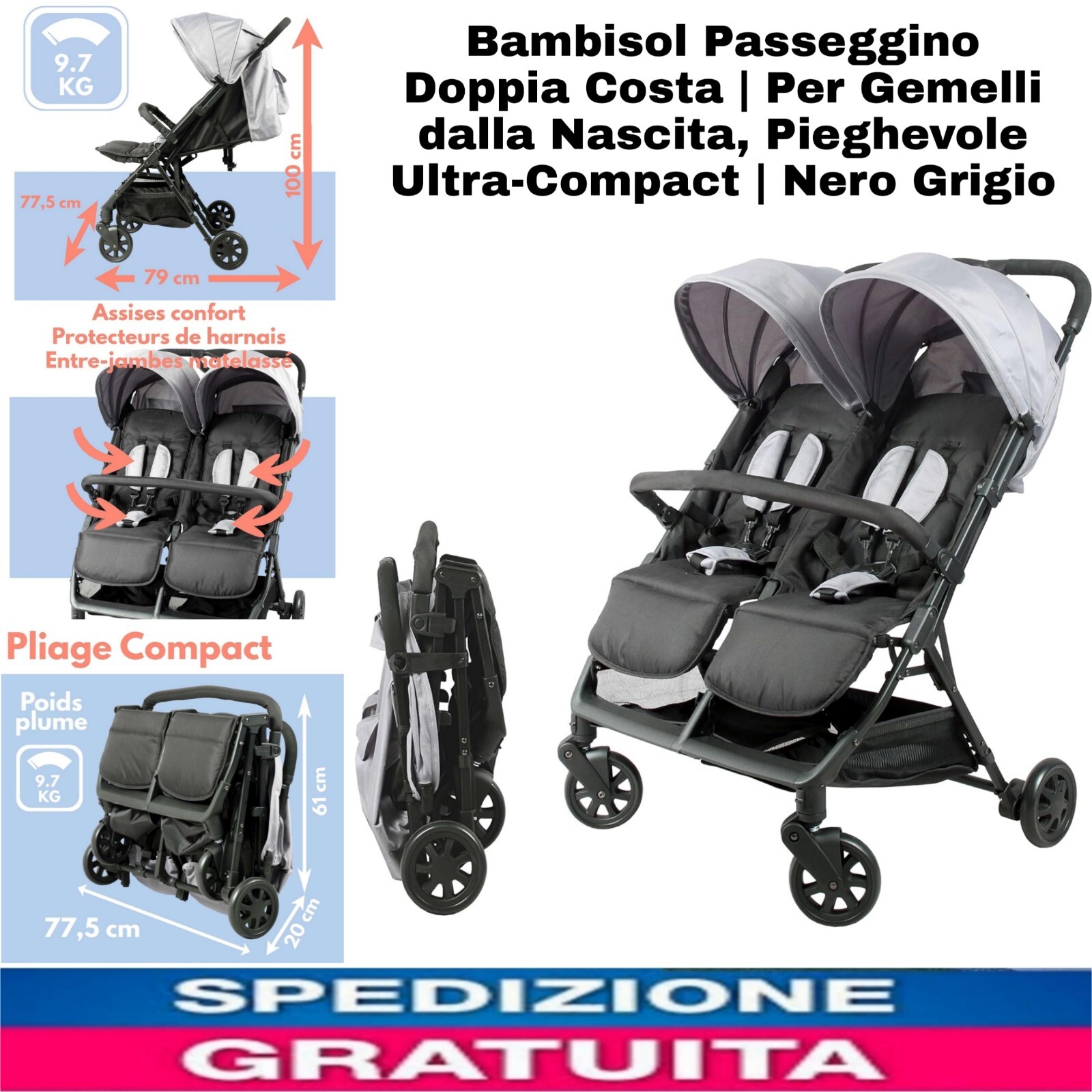 Passeggino Doppio per Gemelli Ultra-Compatto