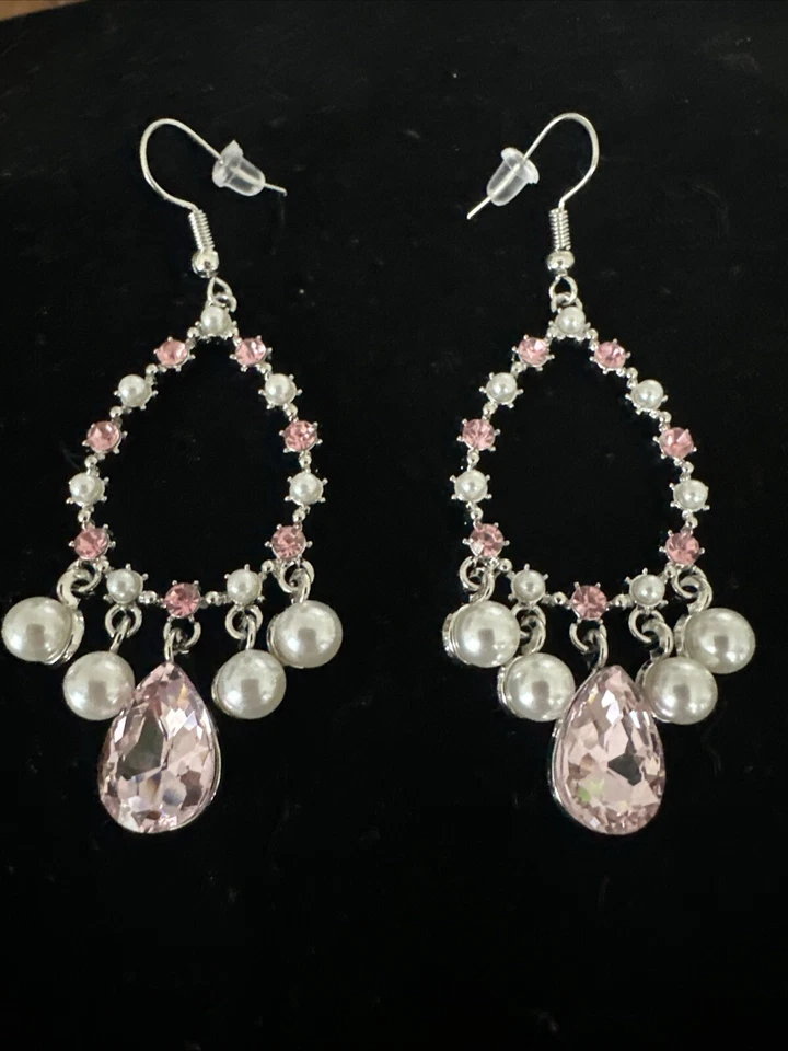 J CREW 蛋白石粉色水钻珍珠吊灯耳环全新出价 4 慈善❤️317x2 — 第 4/4 张图片