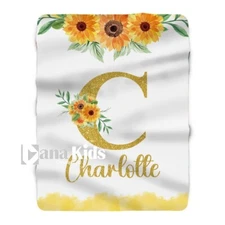 Personalized Baby Blanket, Sunflower Baby Initial Custom Name Blanket For Girls