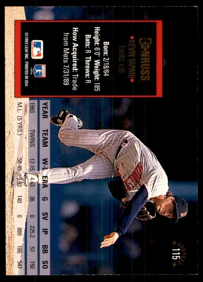 1994 Donruss Kevin Tapani Baseball Cards #115 - Image 2 of 2