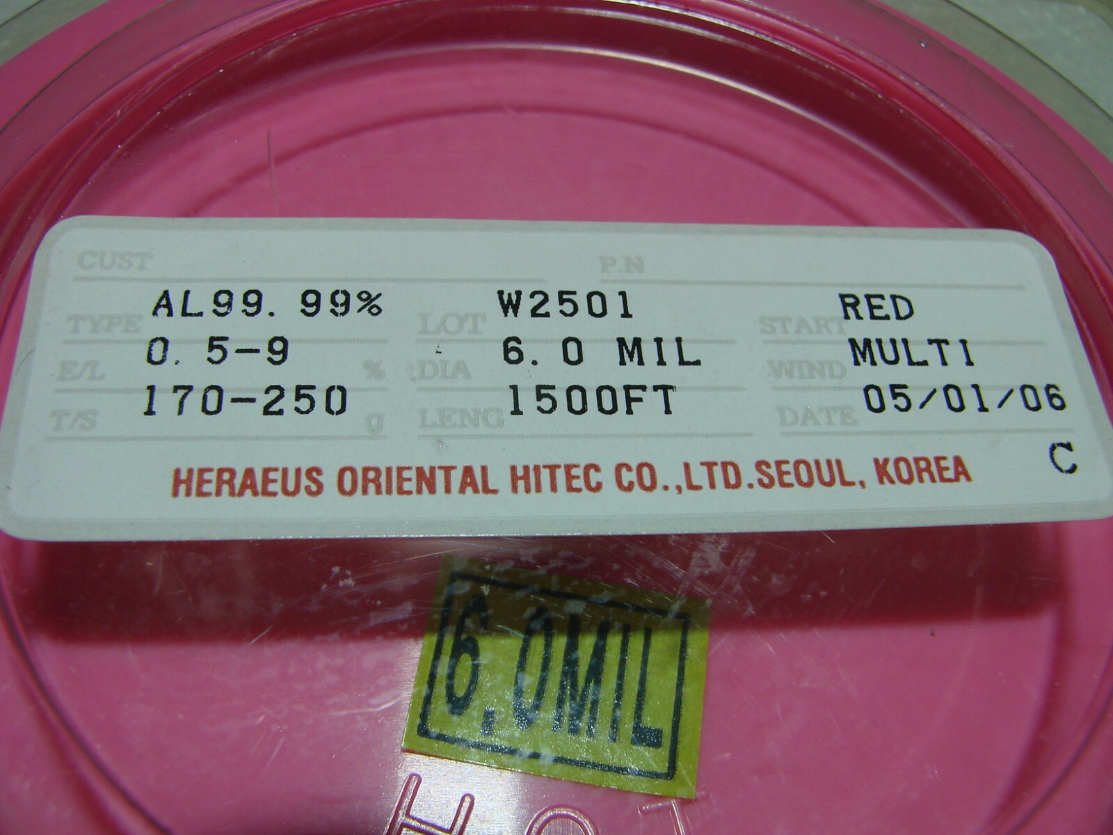 Brand New One of Heraeus Bonding Wire AL99.99% Dia 6mil T/S 170-250G 1500FT 