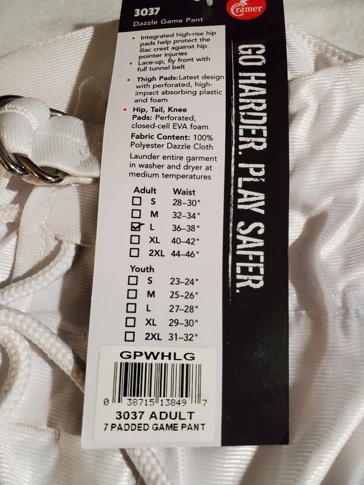 Cramer Adulto Talla Grande Fútbol 7 Acolchado Juego Pantalón Ropa Protectora Blanco Nuevo con Etiquetas Foto 3 de 4