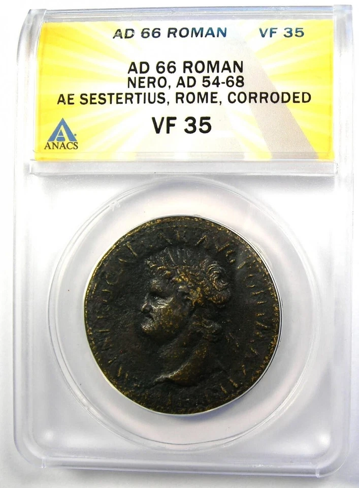 Ancient Roman Nero AE Sestertius Copper Coin 66 AD - ANACS VF35 - Rare Coin! - Image 2 of 4