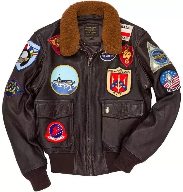 Men's Top Gun Style Bomber Jacket Vintage Aviator Leather Jacket with Patches