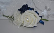 NAVY PIN ON CORSAGE rose Buttonhole. wedding flowers for groom, best man, guests