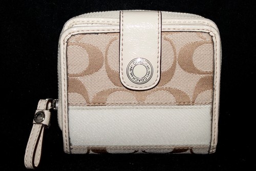 coach cream signature canvas & leather snap & zip bifold wallet