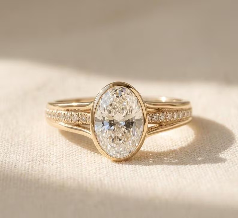 925 Sterling Silver Oval Cut CZ Bezel Engagement Ring Split Shank Pave Band Gift