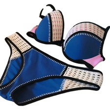 Victoria's Secret 2pc Bikini Set Underwire Top DD M Blue Pink Crochet Trim
