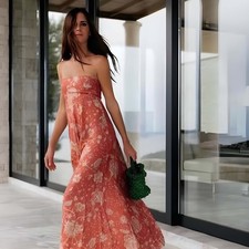 ZIMMERMANN-SIZE 2 (AU 12/US 8)-VENETO STRAPLESS PRINTED LINEN FLORAL MIDI DRESS