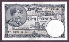 BELGIEN 5 FRANCS Banknote 1924 Zustand I UNC FDS S/N F04/349086 P. 93
