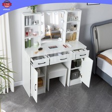 Large Vanity Desk Set Makeup Table With LED Lights Mirror 5 Drawers Stool Set