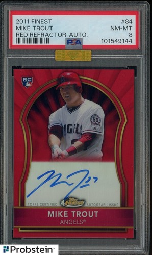 2011 Topps Finest Red Refractor Mike Trout RC AUTO /25 PSA 8 MBA GOLD DIAMOND