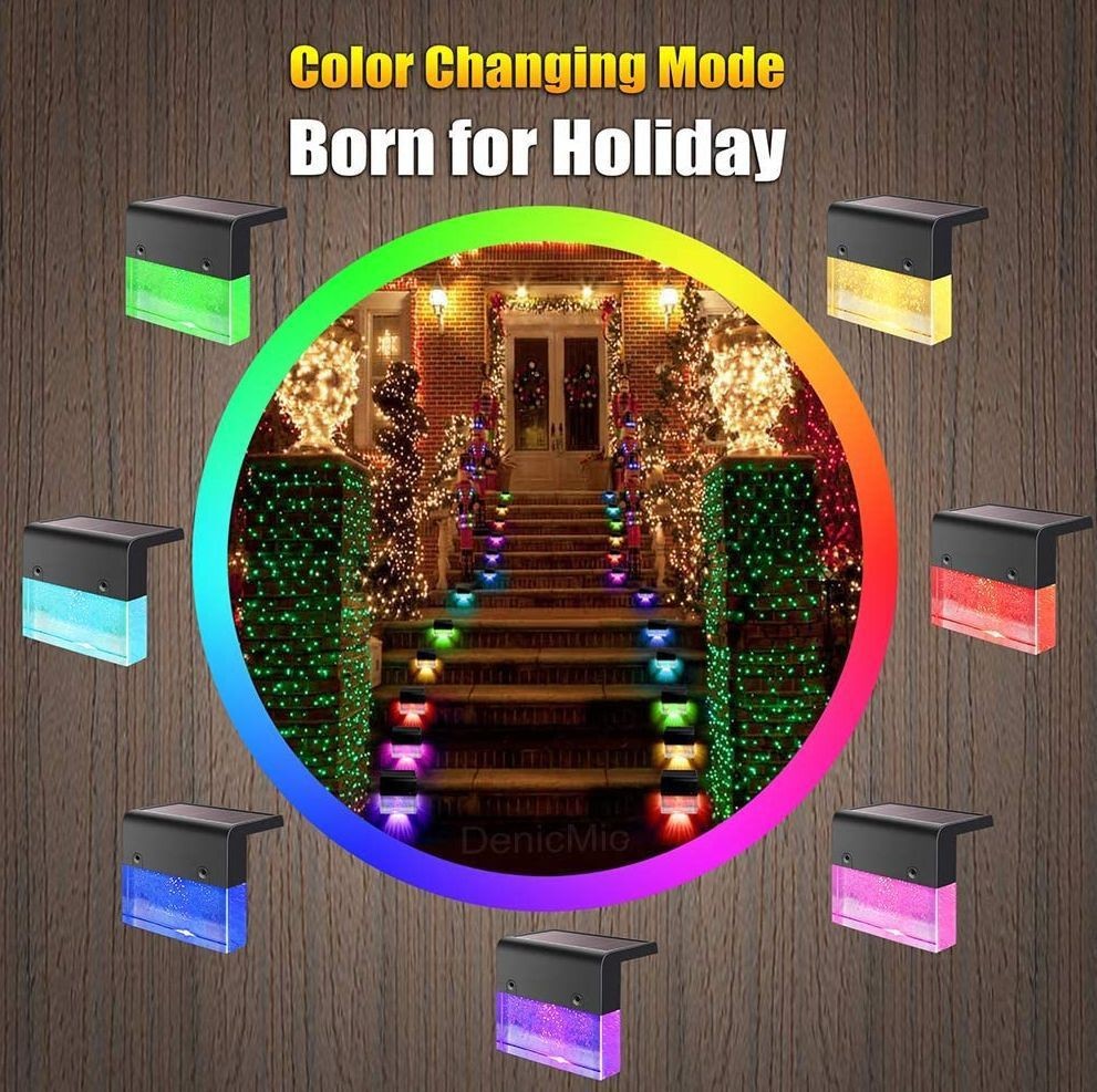RGB LED Solar Fence Step Light IP65 Waterproof Outdoor Color Changing Garden