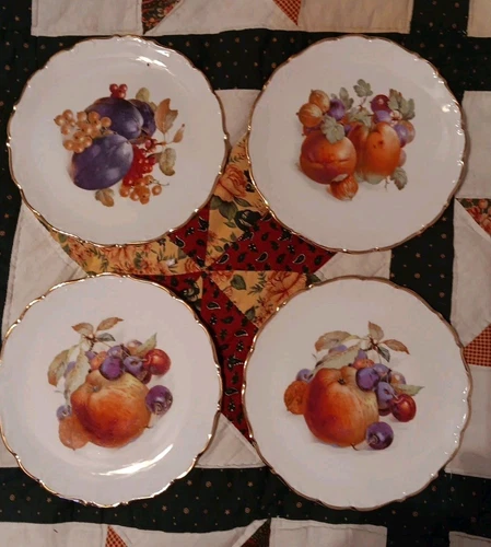 SET 4 SCHUMANN ARZBERG  BAVARIA 7.5" FRUIT PLATES W/GOLD TRIM VINTAGE GERMANY