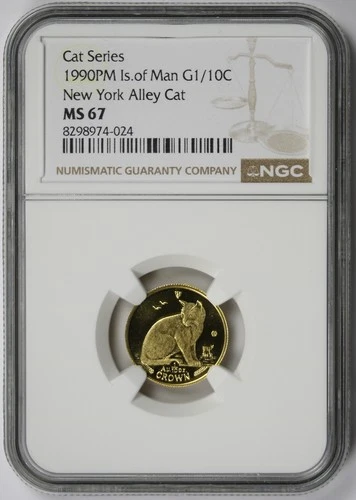 1990 PM Isle of Man New York Alley Cat Gold 1/10 Crown MS 67 NGC Cat Series