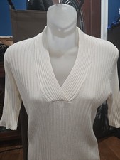 George V Neck Ivory Short Sleeve Ribbed Knit Shirt Womens M 8-10