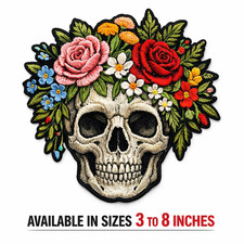 Floral Skull Embroidered Iron-On Patch 3-8in Gothic Flower Design